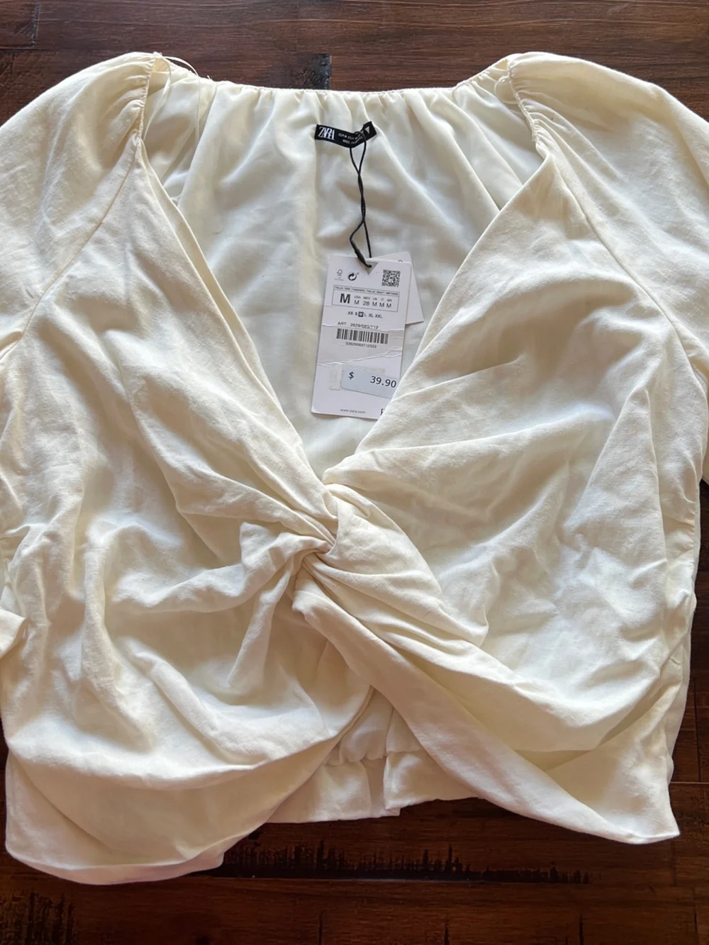 Zara Cream Twist-Front Puff Sleeve Blouse